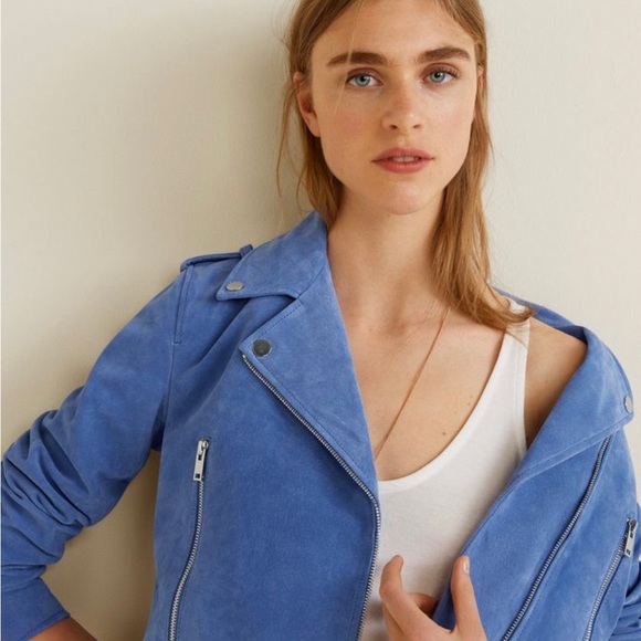 Blue suede cropped biker jacket from Mango - Picture 7 of 7